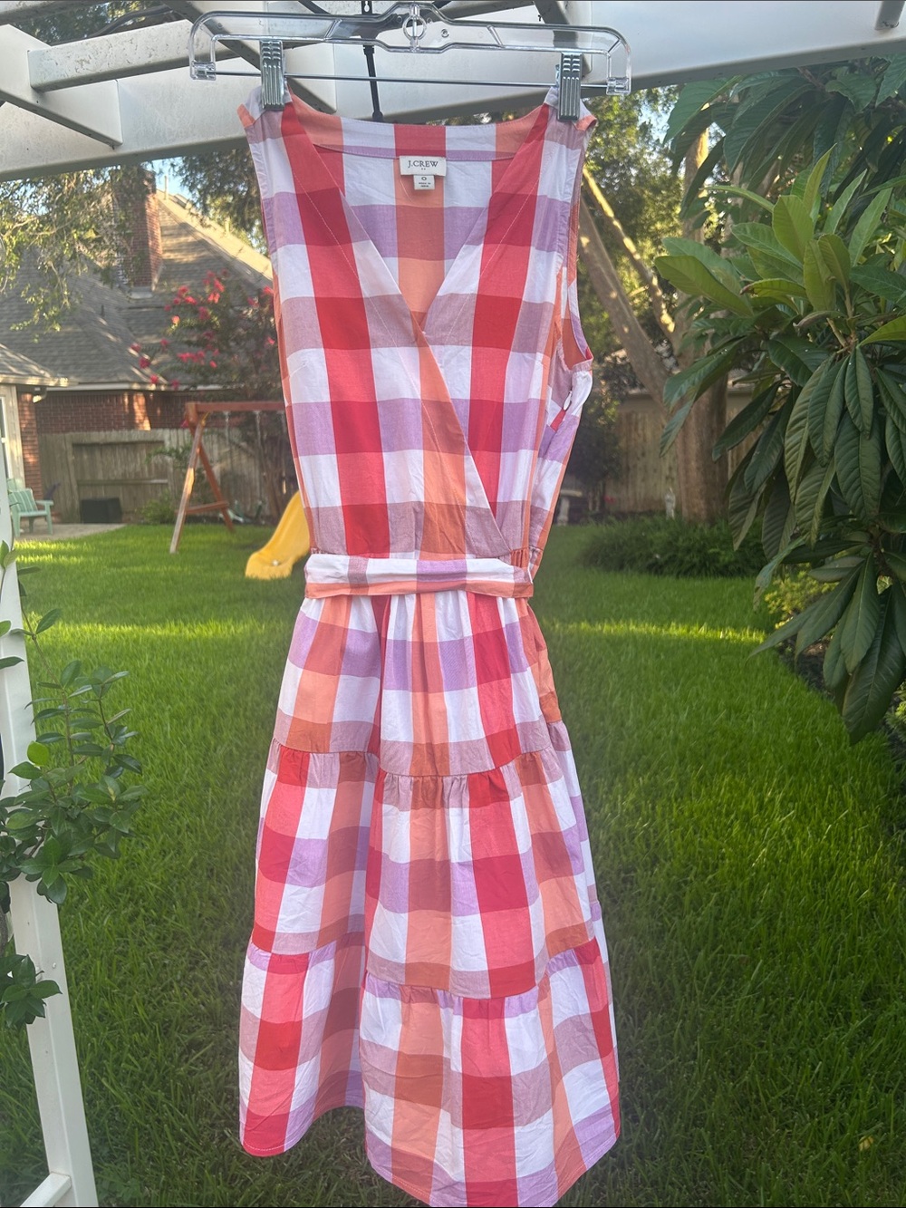 J. Crew Pink and Red Gingham Sleeveless Tiered Dress